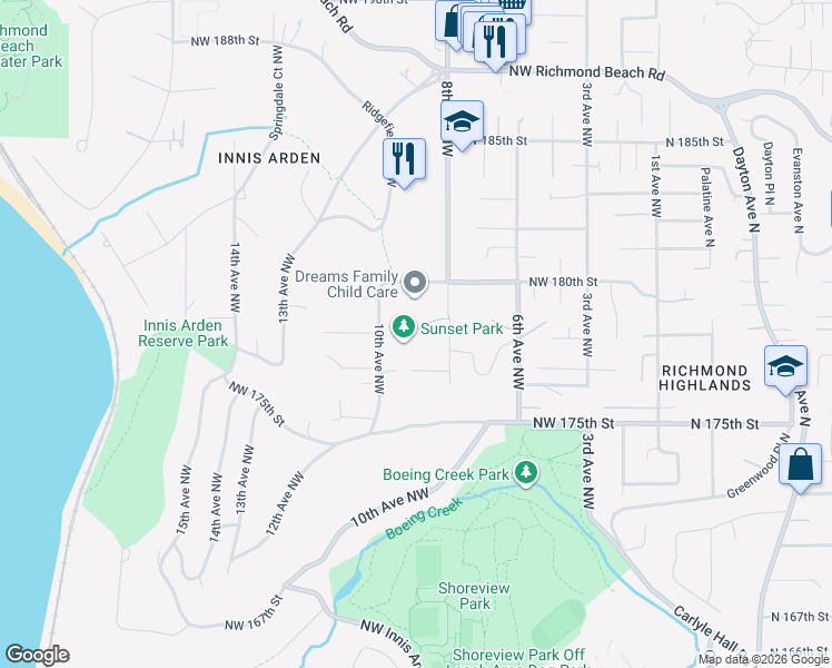 map of restaurants, bars, coffee shops, grocery stores, and more near 17800 10th Avenue Northwest in Shoreline