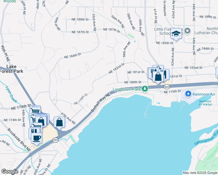 map of restaurants, bars, coffee shops, grocery stores, and more near 5669 Northeast 180th Street in Kenmore