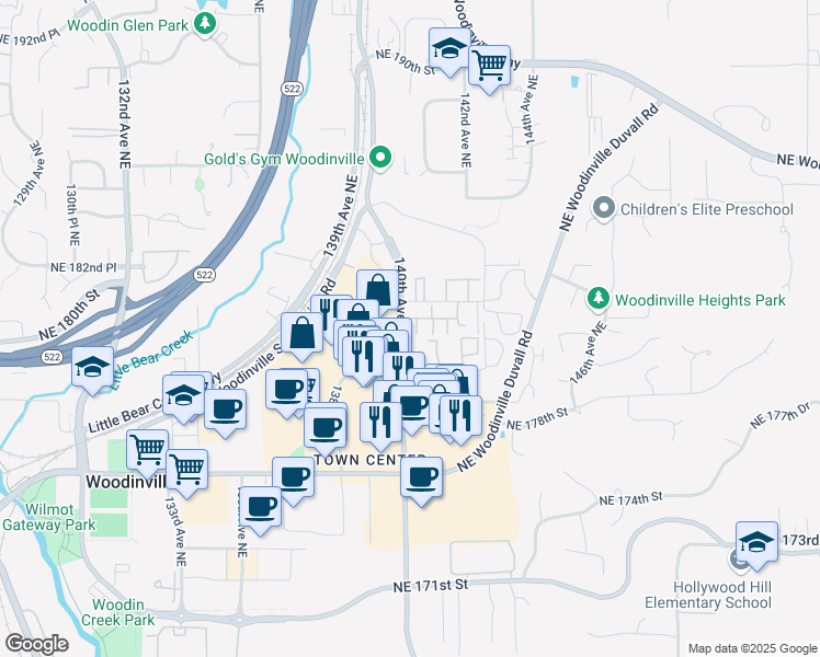 map of restaurants, bars, coffee shops, grocery stores, and more near 14007 Northeast 181st Street in Woodinville