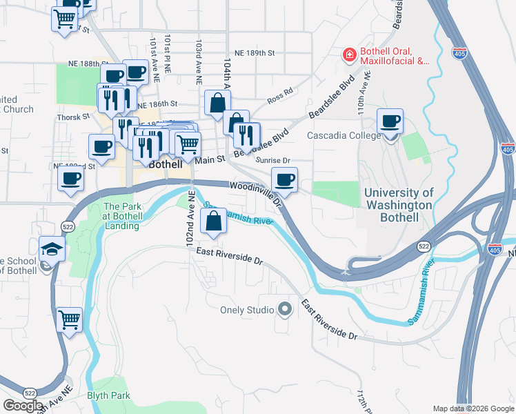 map of restaurants, bars, coffee shops, grocery stores, and more near 10600 Woodinville Drive in Bothell