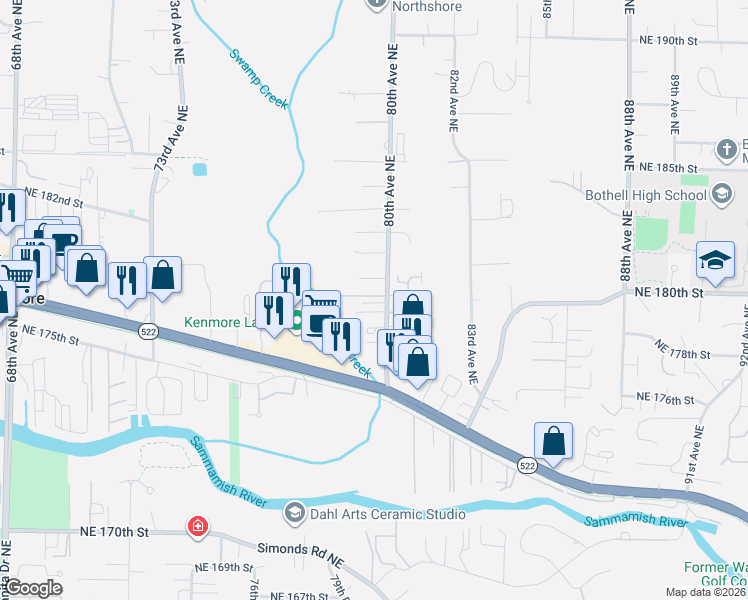 map of restaurants, bars, coffee shops, grocery stores, and more near 18002 80th Avenue Northeast in Kenmore