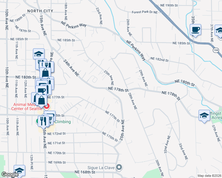 map of restaurants, bars, coffee shops, grocery stores, and more near 17803 25th Avenue Northeast in Shoreline