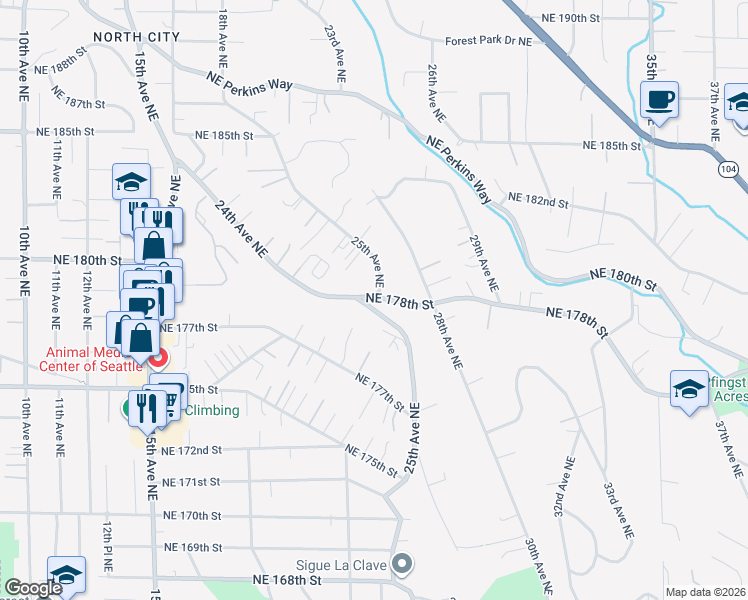 map of restaurants, bars, coffee shops, grocery stores, and more near 17803 25th Avenue Northeast in Shoreline