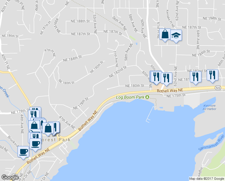 map of restaurants, bars, coffee shops, grocery stores, and more near 5677 Northeast 180th Street in Kenmore