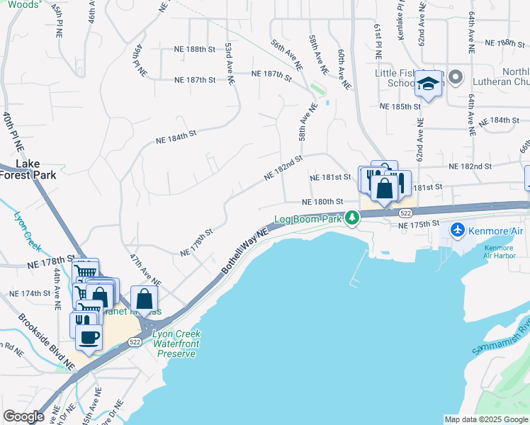 map of restaurants, bars, coffee shops, grocery stores, and more near 5669 Northeast 180th Street in Kenmore