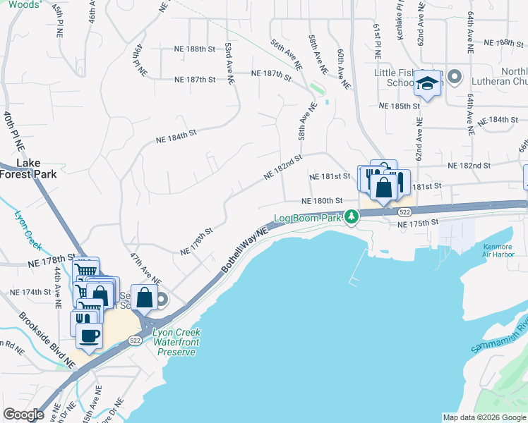 map of restaurants, bars, coffee shops, grocery stores, and more near 5669 Northeast 180th Street in Kenmore