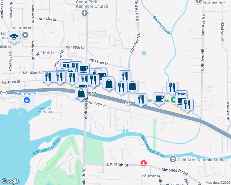 map of restaurants, bars, coffee shops, grocery stores, and more near 7110 Northeast Bothell Way in Kenmore