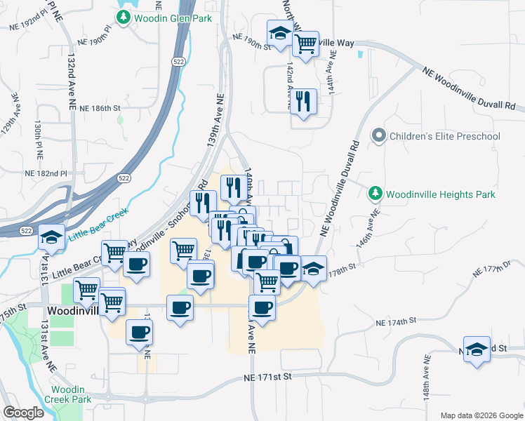 map of restaurants, bars, coffee shops, grocery stores, and more near 14037 Northeast 181st Street in Woodinville