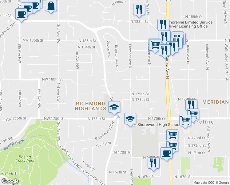 map of restaurants, bars, coffee shops, grocery stores, and more near 516 N 178th Ct in Shoreline