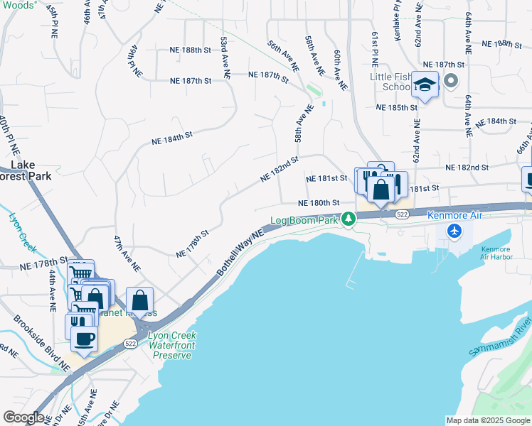 map of restaurants, bars, coffee shops, grocery stores, and more near 5669 Northeast 180th Street in Kenmore