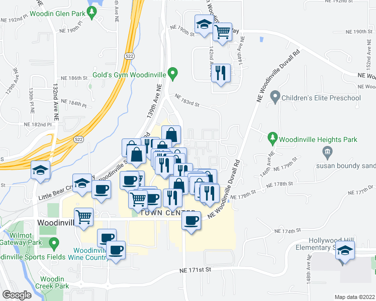 map of restaurants, bars, coffee shops, grocery stores, and more near 14027 Northeast 181st Street in Woodinville