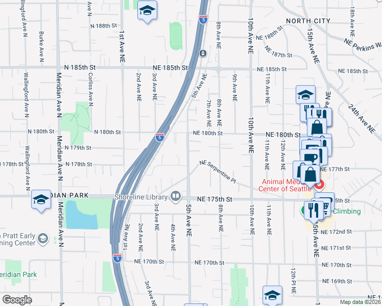 map of restaurants, bars, coffee shops, grocery stores, and more near 515 Northeast 178th Place in Shoreline