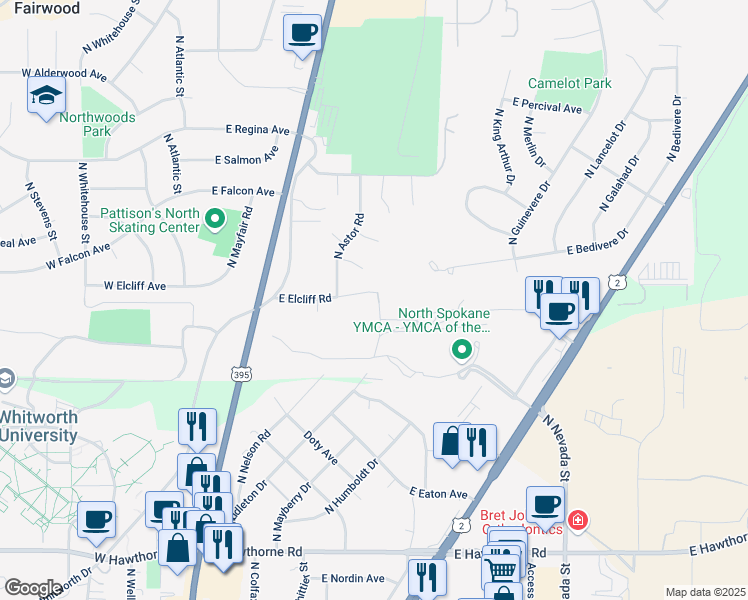 map of restaurants, bars, coffee shops, grocery stores, and more near 414 East Elcliff Road in Spokane