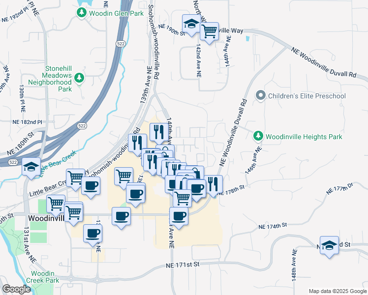 map of restaurants, bars, coffee shops, grocery stores, and more near 14057 Northeast 181st Street in Woodinville