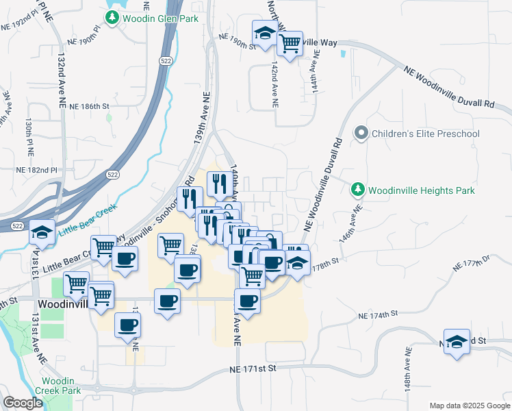 map of restaurants, bars, coffee shops, grocery stores, and more near 14057 Northeast 181st Street in Woodinville