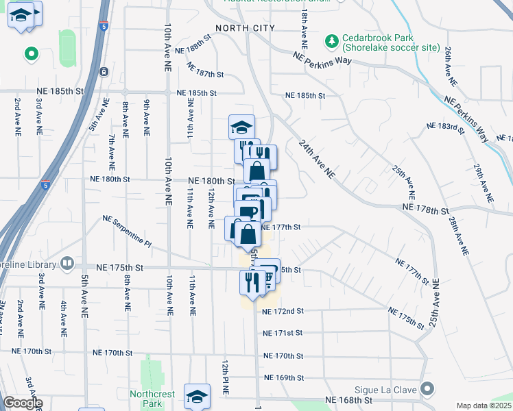 map of restaurants, bars, coffee shops, grocery stores, and more near 17732 15th Ave NE in Shoreline