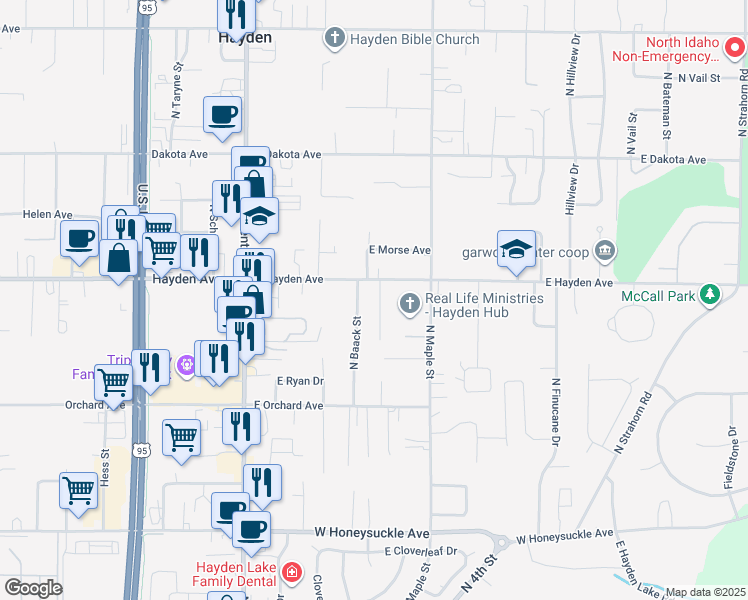 map of restaurants, bars, coffee shops, grocery stores, and more near 9537 La Costa Court in Hayden