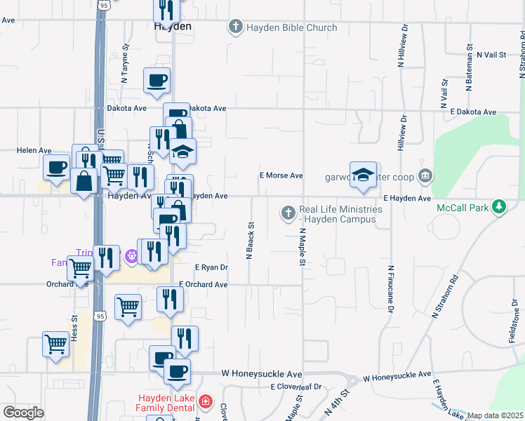map of restaurants, bars, coffee shops, grocery stores, and more near 9537 La Costa Court in Hayden