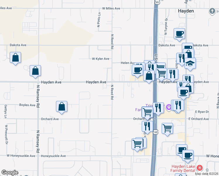 map of restaurants, bars, coffee shops, grocery stores, and more near 9533 North Reed Road in Hayden