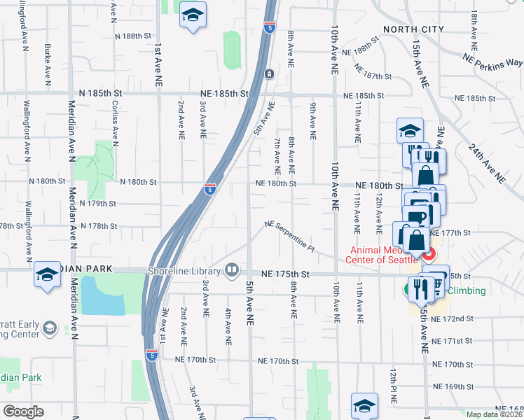 map of restaurants, bars, coffee shops, grocery stores, and more near 515 Northeast 178th Place in Shoreline