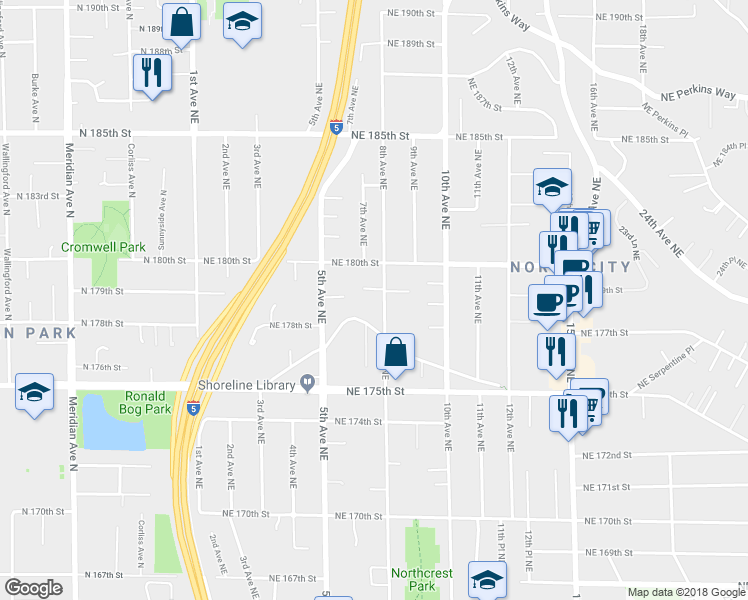 map of restaurants, bars, coffee shops, grocery stores, and more near 17827 8th Avenue Northeast in Shoreline