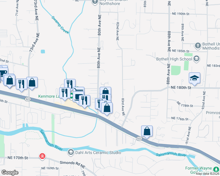map of restaurants, bars, coffee shops, grocery stores, and more near 8057 Northeast 179th Place in Kenmore