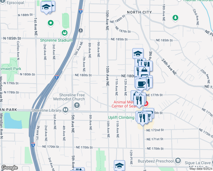 map of restaurants, bars, coffee shops, grocery stores, and more near 924 Northeast 178th Place in Shoreline