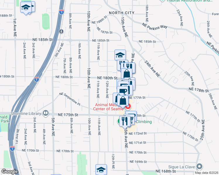 map of restaurants, bars, coffee shops, grocery stores, and more near 17726 12th Avenue Northeast in Shoreline