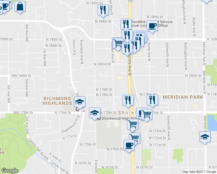 map of restaurants, bars, coffee shops, grocery stores, and more near 744 North 179th Street in Shoreline