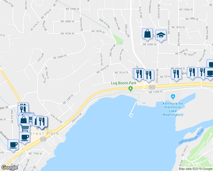 map of restaurants, bars, coffee shops, grocery stores, and more near 5711 Northeast 180th Street in Kenmore