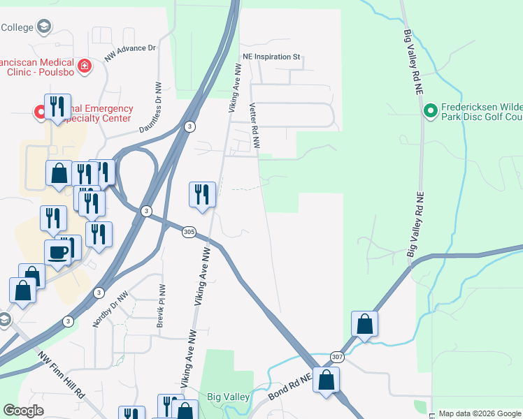 map of restaurants, bars, coffee shops, grocery stores, and more near 21473 Vetter Road Northeast in Poulsbo