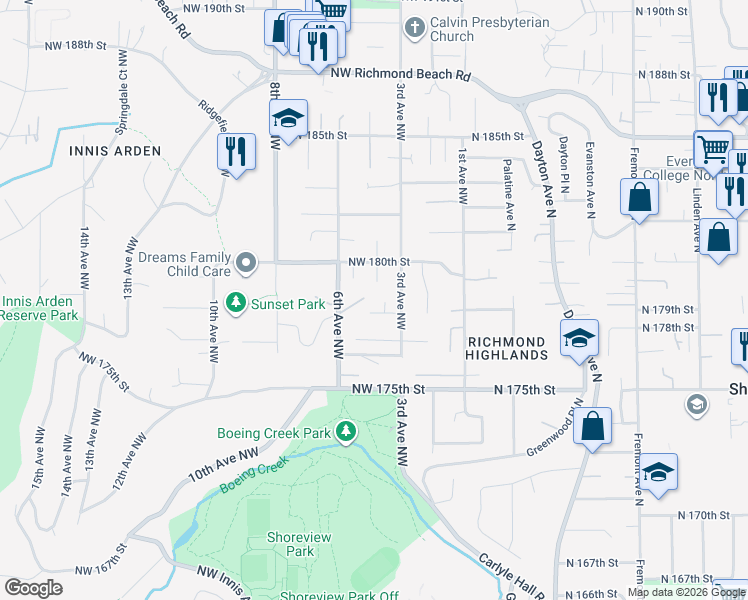 map of restaurants, bars, coffee shops, grocery stores, and more near 501 Northwest 178th Place in Shoreline