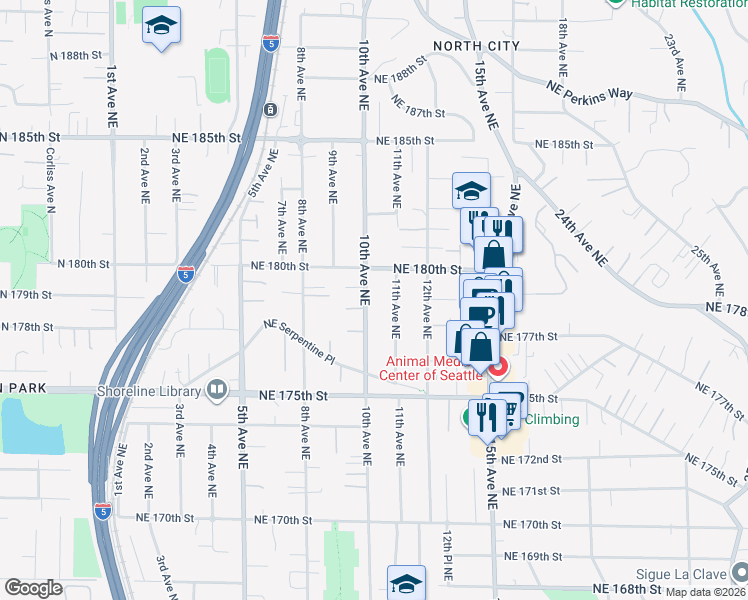 map of restaurants, bars, coffee shops, grocery stores, and more near 924 Northeast 178th Place in Shoreline