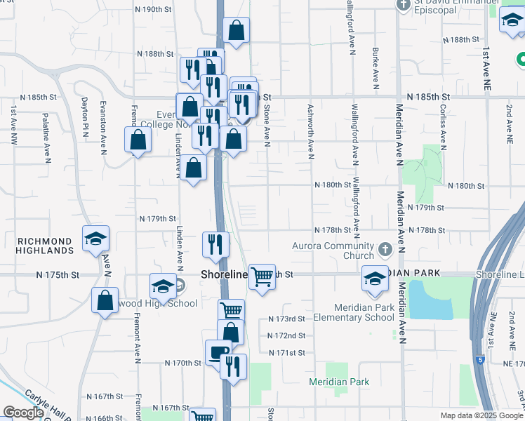 map of restaurants, bars, coffee shops, grocery stores, and more near 17821 Stone Avenue North in Shoreline