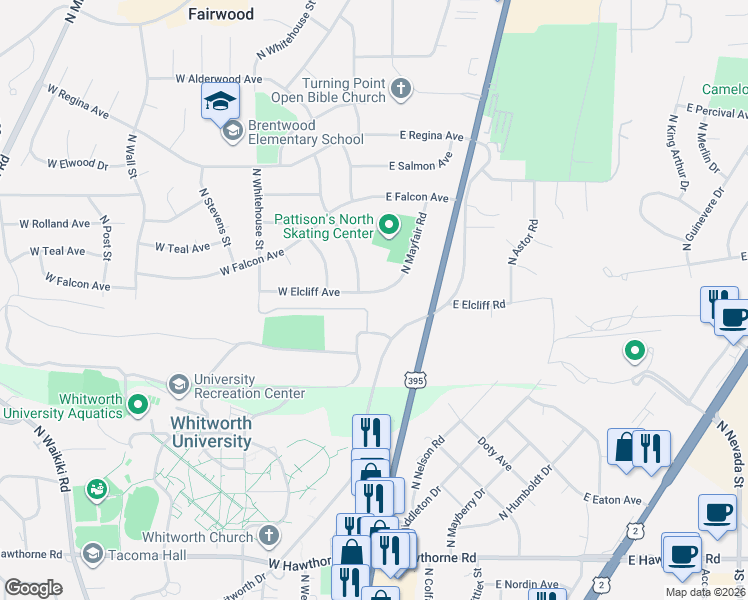 map of restaurants, bars, coffee shops, grocery stores, and more near 11106 North Mayfair Street in Spokane