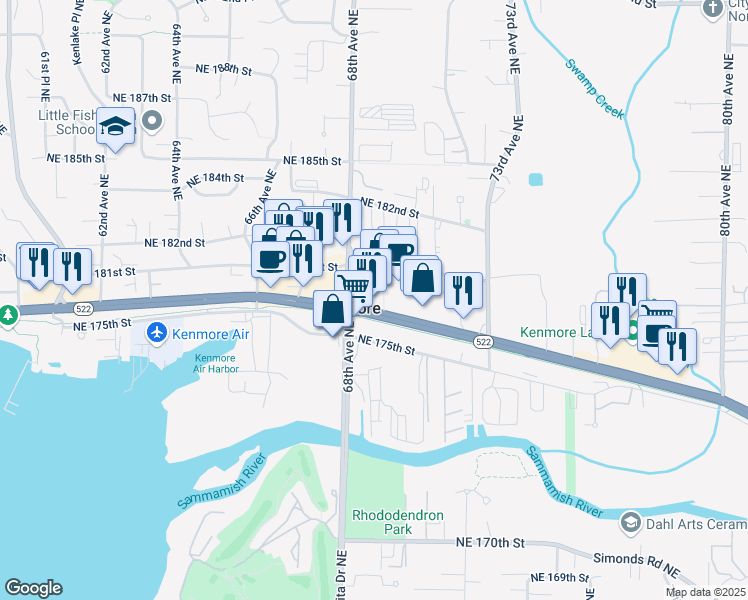 map of restaurants, bars, coffee shops, grocery stores, and more near 6830 Northeast Bothell Way in Kenmore