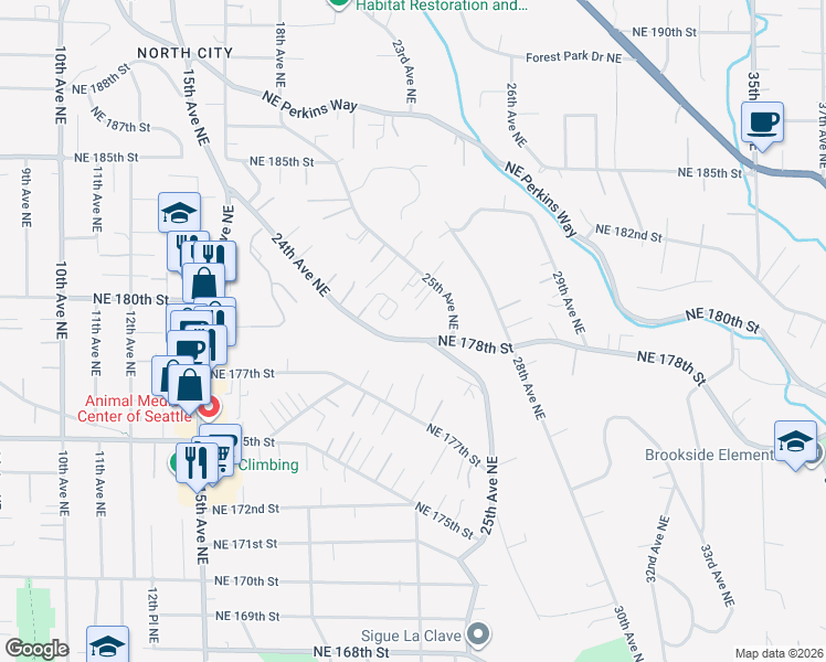 map of restaurants, bars, coffee shops, grocery stores, and more near 2420 Northeast 178th Street in Shoreline
