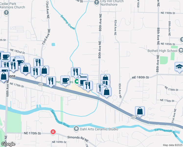 map of restaurants, bars, coffee shops, grocery stores, and more near 7928 Northeast 179th Lane in Kenmore