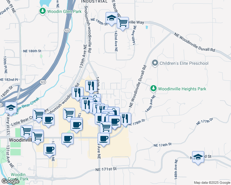 map of restaurants, bars, coffee shops, grocery stores, and more near 14057 Northeast 181st Street in Woodinville