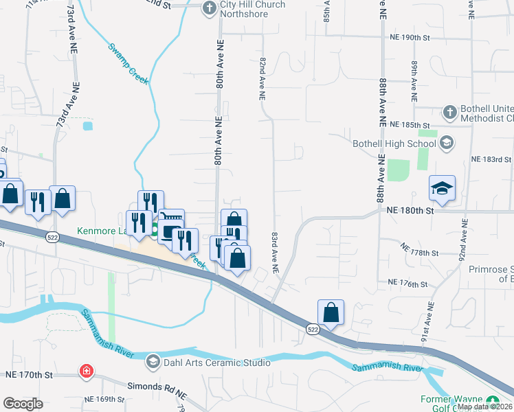 map of restaurants, bars, coffee shops, grocery stores, and more near 17919 83rd Avenue Northeast in Kenmore