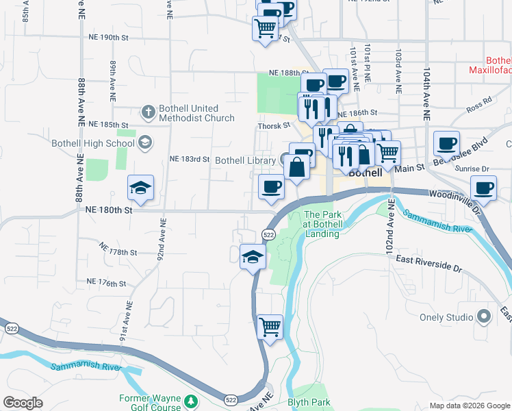 map of restaurants, bars, coffee shops, grocery stores, and more near 9606 Northeast 180th Street in Bothell