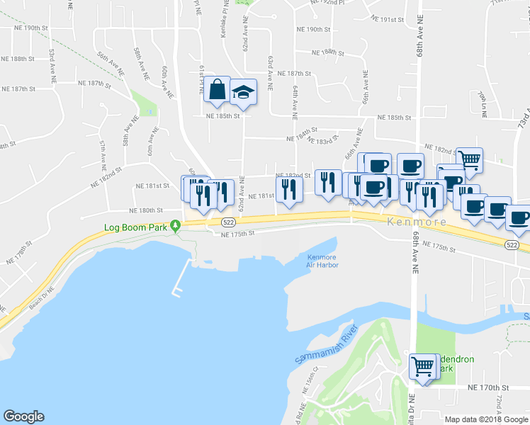 map of restaurants, bars, coffee shops, grocery stores, and more near 6230 Bothell Way Northeast in Kenmore