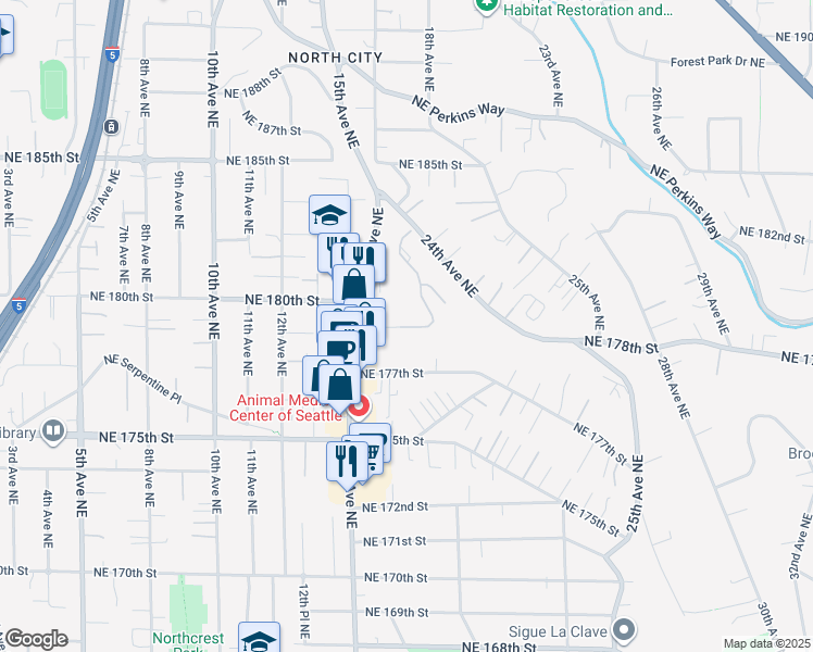 map of restaurants, bars, coffee shops, grocery stores, and more near 1702 Northeast 179th Street in Seattle