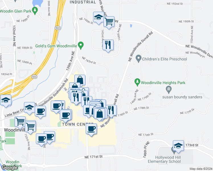 map of restaurants, bars, coffee shops, grocery stores, and more near 18009 142nd Avenue Northeast in Woodinville
