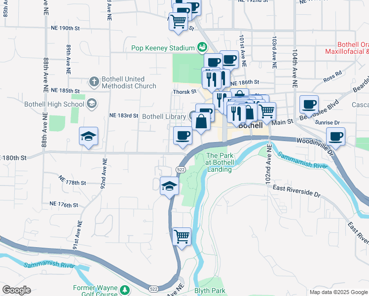 map of restaurants, bars, coffee shops, grocery stores, and more near 18015 Bothell Way Northeast in Bothell