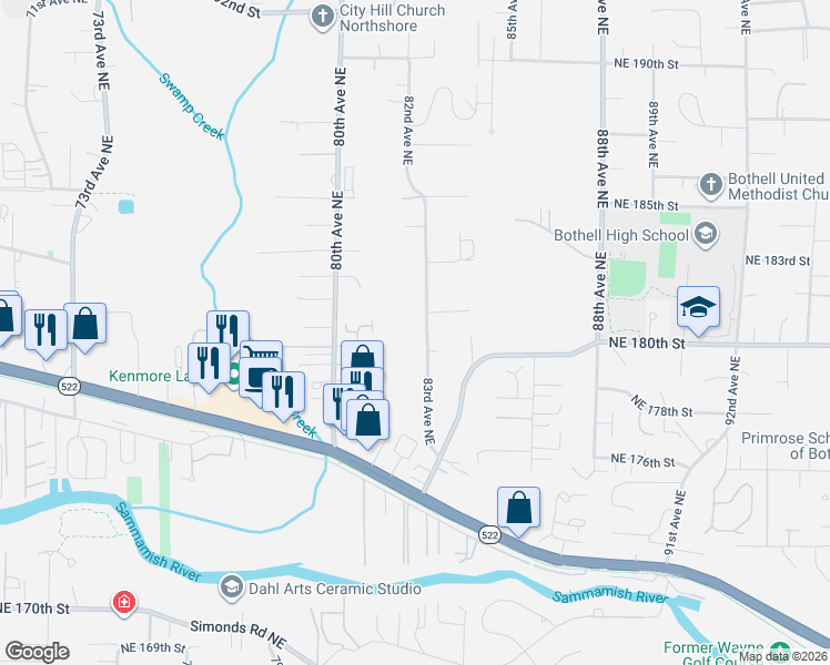 map of restaurants, bars, coffee shops, grocery stores, and more near 17919 83rd Avenue Northeast in Kenmore