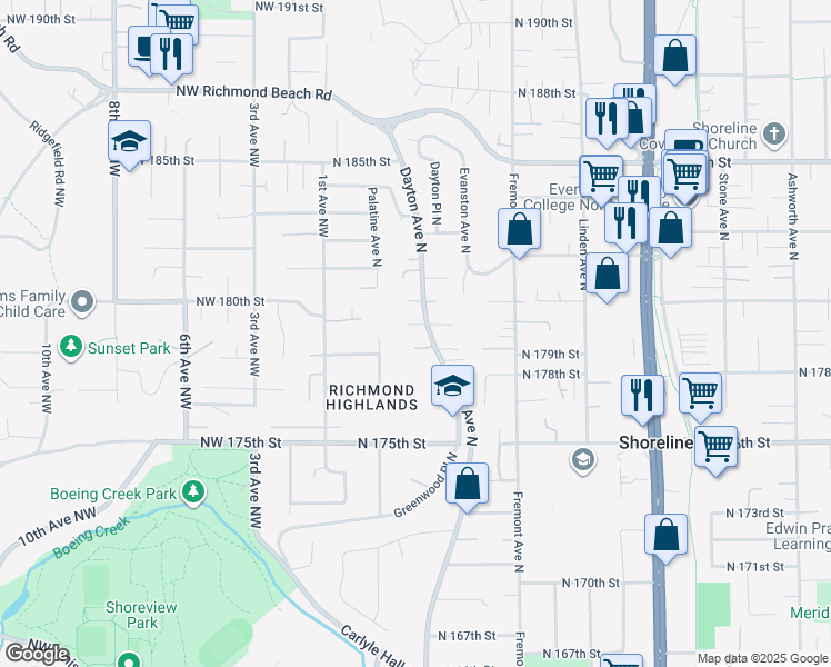 map of restaurants, bars, coffee shops, grocery stores, and more near 406 North 178th Lane in Shoreline
