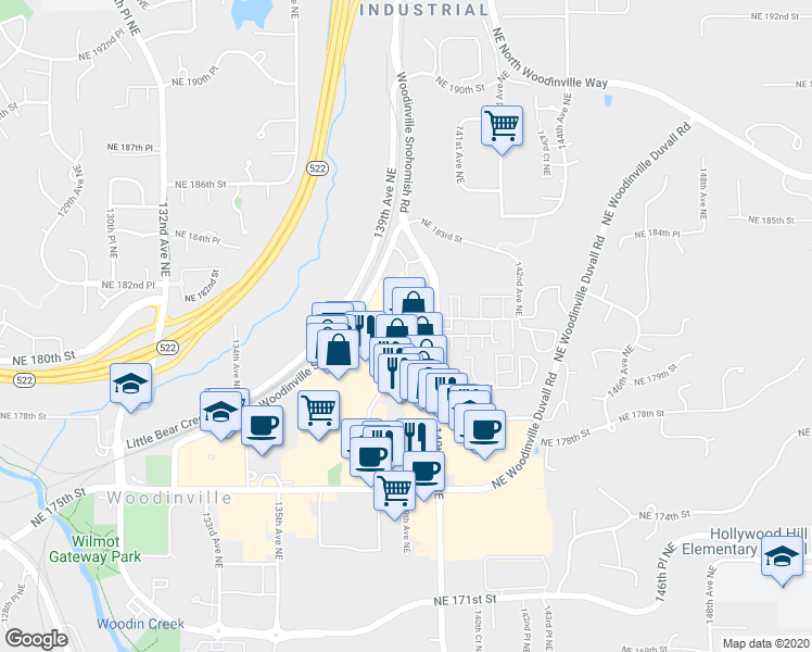 map of restaurants, bars, coffee shops, grocery stores, and more near 13950 Northeast Mill Place in Woodinville