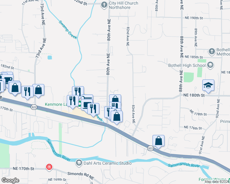 map of restaurants, bars, coffee shops, grocery stores, and more near 18007 81st Lane Northeast in Kenmore