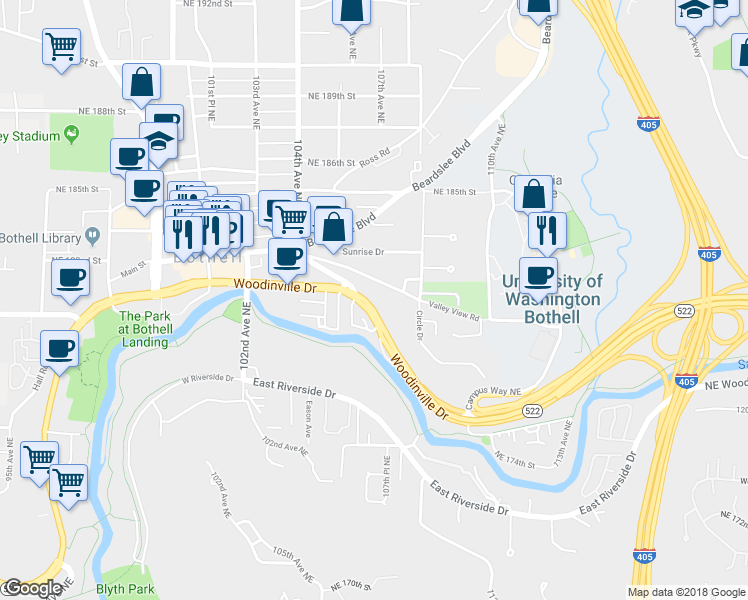 map of restaurants, bars, coffee shops, grocery stores, and more near 10600 Woodinville Dr in Bothell